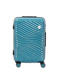Hard-shell turquoise suitcase with wave pattern, four blue spinner wheels, and a small round multicolor logo on the front.