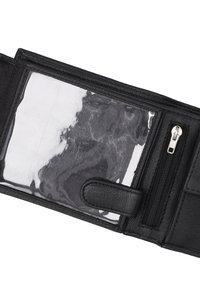 Sort læderpung med et klart ID-vindue, lynlås til mønter og tekstureret overflade. Kompakt design til opbevaring af kort og kontanter.