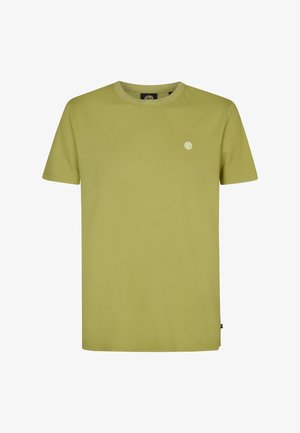 Olive green cotton t-shirt with a crew neckline, short sleeves, and a small white logo on the left chest area. Smooth texture and simple design.