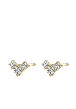 Gold-tone earrings feature three round, clear stones in a clustered design. Each stone is surrounded by smooth, rounded prongs for secure holding.