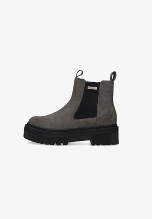 Gray suede chelsea boot with elastic side panels, loop detail, and a thick black rubber sole featuring textured grooves.