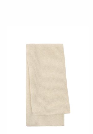 Kremowy szalik z prążkowanej dzianiny, miękka faktura, prostokątny kształt, starannie złożony, z widocznym wzorem dzianiny na całej tkaninie.
