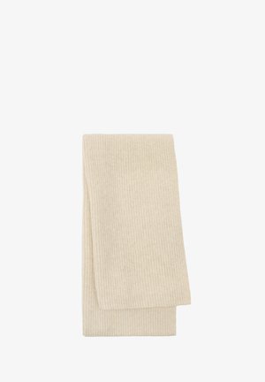 Kremowy szalik z prążkowanej dzianiny, miękka faktura, prostokątny kształt, starannie złożony, z widocznym wzorem dzianiny na całej tkaninie.