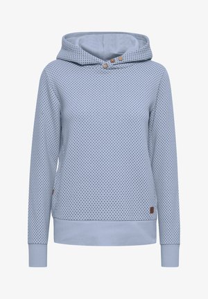 Felpa con cappuccio di colore azzurro chiaro con motivo a pois, dotata di tre bottoni in legno al collo e costine sull'orlo e sui polsini.