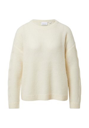 Kremowy sweter dzianinowy z okrągłym dekoltem, opuszczonymi ramionami i teksturowanymi panelami bocznymi. Posiada ściągacze na mankietach i u dołu.