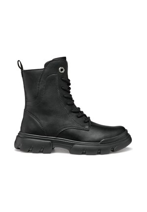 Schwarze Leder-Ankle-Boots mit strukturiertem Finish, runder Zehenpartie, Schnürdesign und Gummisohle mit robustem Profildesign.