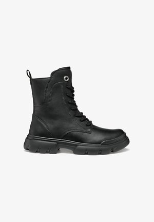Black leather ankle boot with a textured finish, rounded toe, lace-up design, and rubber sole featuring a rugged tread pattern.