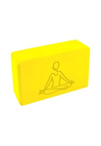 Bloque de yoga amarillo hecho de espuma. Forma rectangular con bordes redondeados. Presenta un contorno minimalista de una figura sentada en un lado.
