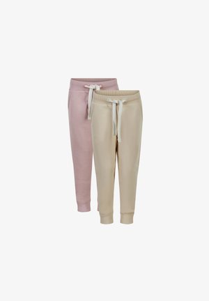 Dos pares de pantalones de chándal: uno rosa claro y otro beige. Ambos cuentan con cinturillas ajustables, bolsillos laterales y tobillos ajustados con puños de canalé.
