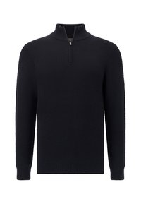 Granatowy sweter z dzianiny z kołnierzem na ćwierć suwak, z fakturowanym wzorem oraz prążkowanymi mankietami i dołem.