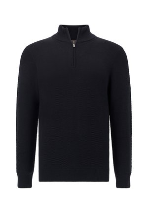 Námořnický modrý pletený svetr s půltahovým límcem, se strukturovaným vzorem a žebrovanými manžetami a spodním lemem.