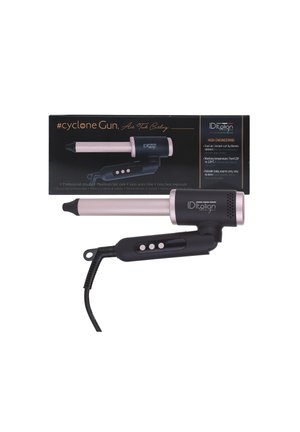 Fer à friser avec un design noir et or rose, trois boutons de contrôle, et un emballage présentant les caractéristiques du produit et le nom de la marque ID Italian.