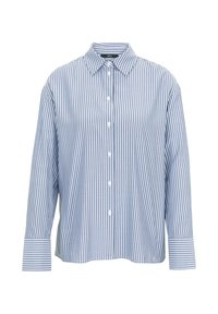 Blue and white striped long-sleeve shirt with button closure, classic collar, and cuffed sleeves. Made from lightweight fabric.