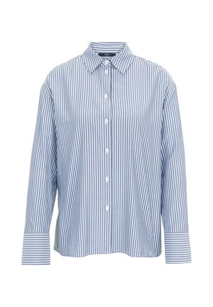 Blau-weiß gestreiftes Langarmshirt mit Knopfverschluss, klassischem Kragen und geknöpften Ärmelbündchen. Hergestellt aus leichtem Stoff.