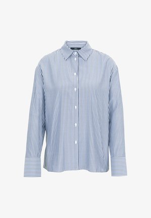 Blau-weiß gestreiftes Langarmshirt mit Knopfverschluss, klassischem Kragen und geknöpften Ärmelbündchen. Hergestellt aus leichtem Stoff.