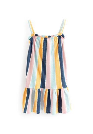 Robe sans manches à rayures verticales bleu pastel, rose, jaune et bleu marine, avec un col à volants et un ourlet évasé.