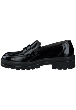 Schwarze Lackleder-Loafer mit abgerundetem Zeh, dekorativem Band und dicker schwarzer Laufsohle. Glänzende Oberfläche und sichtbare Nähte.