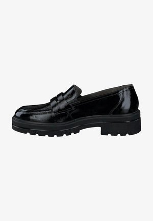 Schwarze Lackleder-Loafer mit abgerundetem Zeh, dekorativem Band und dicker schwarzer Laufsohle. Glänzende Oberfläche und sichtbare Nähte.
