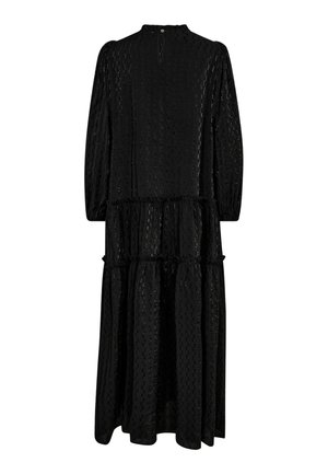 Black tiered dress featuring long sleeves, a high neck, textured fabric with a subtle pattern, and a button closure at the back.