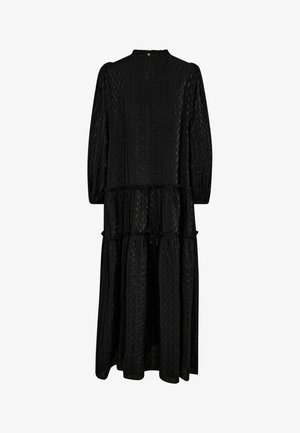 Schwarzes, gestuftes Kleid mit langen Ärmeln, hohem Kragen, strukturiertem Stoff mit dezentem Muster und einer Knopfverschluss hinten.