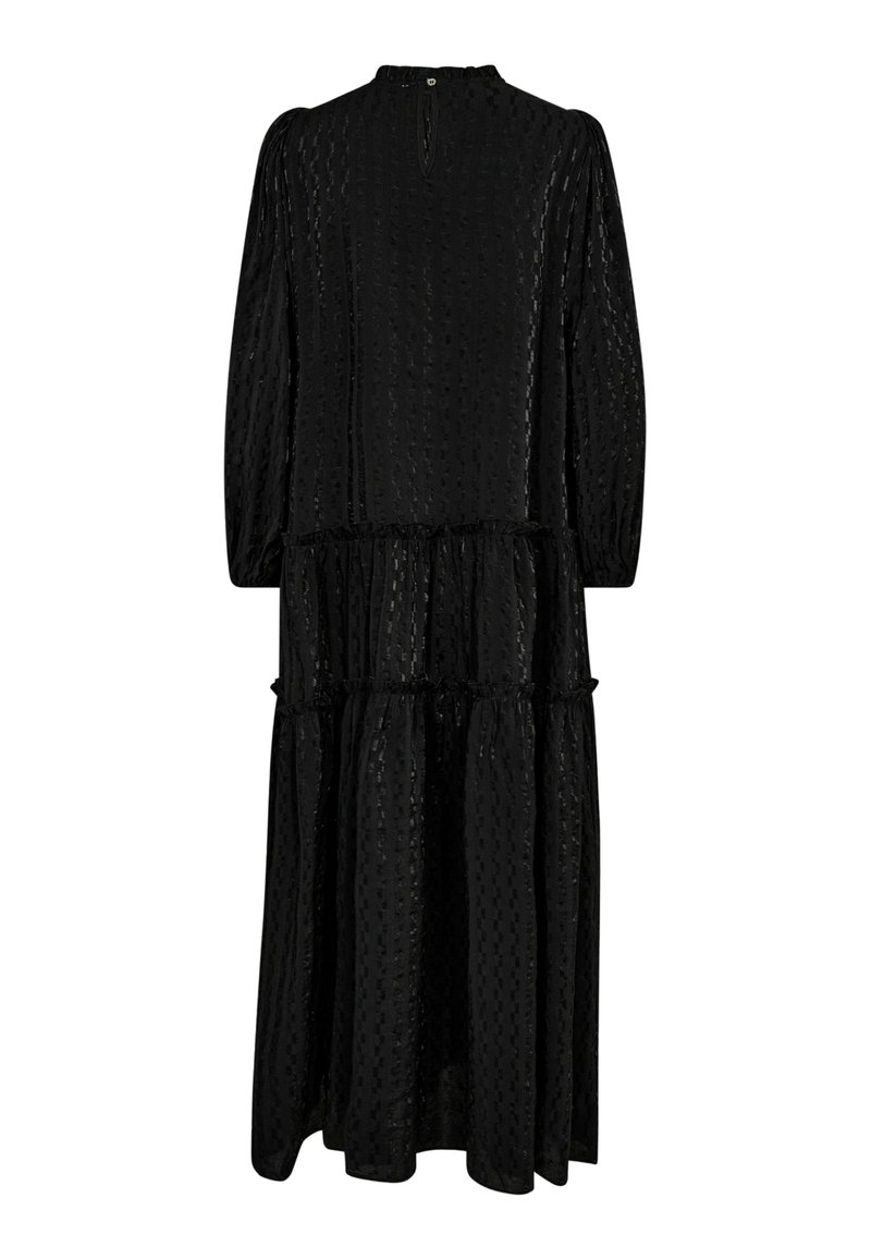 Black tiered dress featuring long sleeves, a high neck, textured fabric with a subtle pattern, and a button closure at the back.