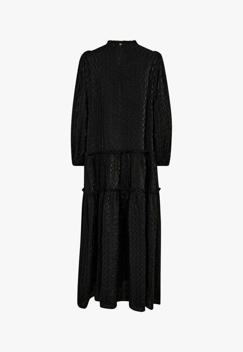 Black tiered dress featuring long sleeves, a high neck, textured fabric with a subtle pattern, and a button closure at the back.