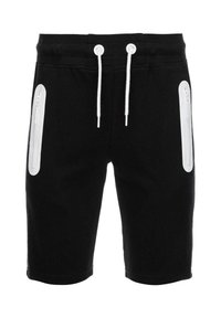 Pantaloni corti neri in tessuto morbido con lacci bianchi in vita e due tasche zip sui lati. Texture liscia, design a lunghezza ginocchio.