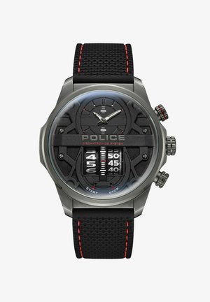 Zwarte rubberen armbandhorloge met een roestvrijstalen kast, gestructureerde zwarte wijzerplaat, gedurfde witte en rode cijfers en chronograaffuncties.