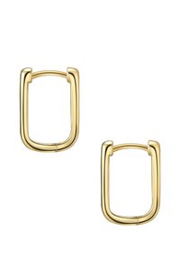 Auksiniai auskarai žiedai, turintys stačiakampio formą, su lygiomis kreivėmis ir blizgiu paviršiumi. Nėra matomų dekoracijų ar raštų.