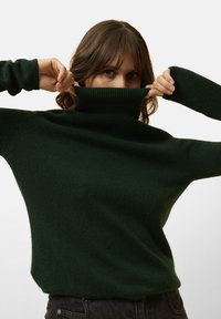 Maglione a collo alto verde scuro realizzato in materiale morbido, con maniche lunghe e una vestibilità rilassata, dotato di collo e orlo a coste.