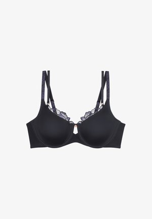 Czarny stanik z wyściełanymi miseczkami, koronkowym wykończeniem w purpurowym i czarnym kolorze oraz podwójnymi ramionkami; posiada mały akcent z różowego złota z przodu.