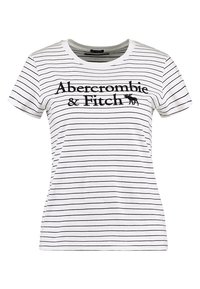 T-shirt a strisce bianche con scollatura rotonda, maniche corte, testo nero "Abercrombie & Fitch" e un piccolo logo di un alce.
