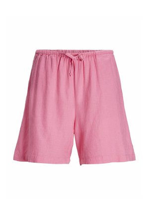 Roze linnen shorts met een elastische tailleband en een trekkoord, met een ontspannen pasvorm en een gladde textuur. Geen zichtbare patronen of accenten.
