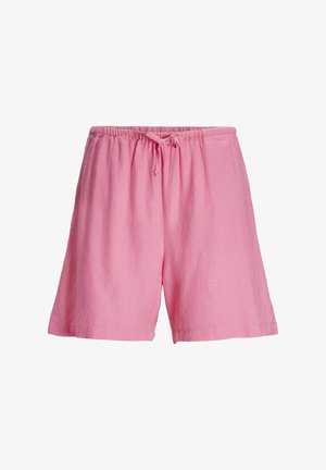 Pantaloni corti di lino rosa con vita elastica e cordoncino, caratterizzati da una vestibilità comoda e una texture liscia. Nessun motivo o accento visibile.