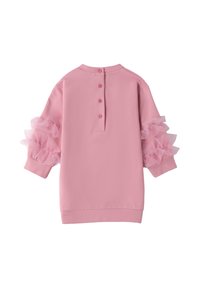 Felpa rosa con maniche in tulle a volant, caratterizzata da un collo tondo e cinque bottoni coordinati sul retro. Materiale morbido, vestibilità rilassata.