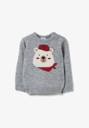 Grau gestrickter Pullover mit einem strukturierten Design eines Eisbären, der eine rote Mütze und einen Schal trägt. Enthält zwei Knopfdetails an der Schulter.