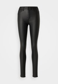 Pantalon skinny noir taille haute en simili cuir avec bouton et fermeture éclair sur le devant, poches avant et arrière, présenté sur fond blanc.