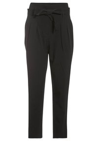 Pantalons noirs en tissu lisse, dotés d'une taille haute, de plis et d'une ceinture nouée pour une touche de détail supplémentaire.