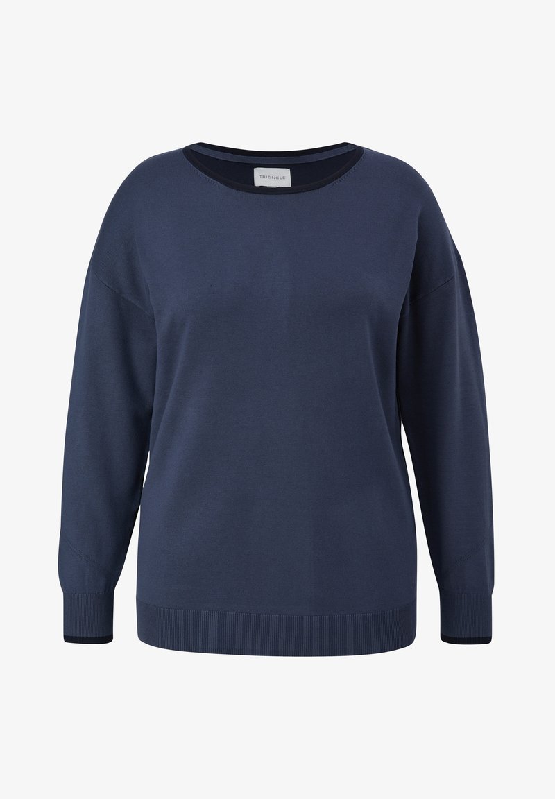 Marineblauer Pullover mit Rundhalsausschnitt, langen Ärmeln und gerippten Bündchen. Hergestellt aus weichem Strickstoff mit glatter Textur.