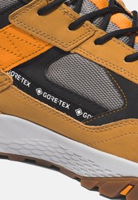 Braune Wildleder- und schwarze Mesh-Wanderschuhe mit orangefarbenen Akzenten; ausgestattet mit strukturierten Oberflächen, GORE-TEX-Branding und einer ausgeprägten Gummisohle.