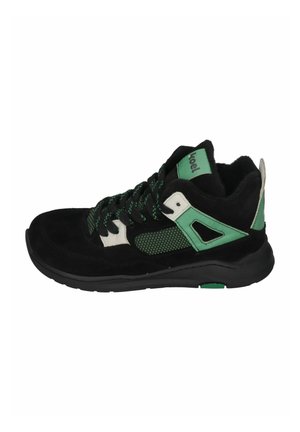 Schwarzer Wildleder-Sneaker in Mid-Top-Länge mit grünen Mesh-Akzenten, weißen und schwarzen Details, runden Schnürsenkeln und Gummisohle. Verfügt über ein strukturiertes Design.