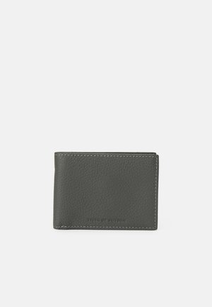 Dark gray textured leather bi-fold wallet with visible stitching and "Tiger of Sweden" embossed on front center.