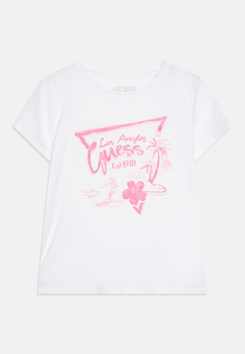 Baltas medvilninės marškinėliai trumpomis rankovėmis su rožiniu grafiniu dizainu, kuriame yra užrašas "Los Angeles Guess Est. 1981", palmės ir gėlė.