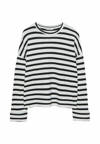 Pull tricoté à manches longues à rayures noires et blanches, avec un col rond et une texture côtelée. Présente des manches à larges poignets et une coupe décontractée.