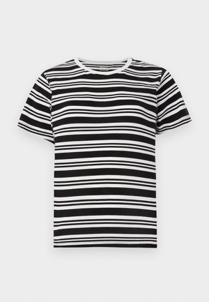 T-shirt noir et blanc à manches courtes avec des rayures horizontales de largeurs variées et un col rond classique. Tissu en coton doux.