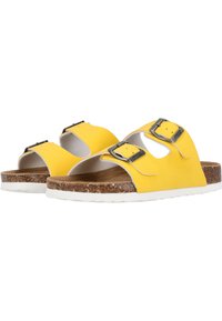 Gelbe Sandalen mit zwei verstellbaren Riemen, Metall-Schnallen, einem Korkfußbett und einer weißen Gummisohle. Abgerundete Zehenpartie und offenes Design hinten.