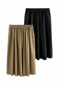 Dvoje sukne po kolena: jedny čierne a jedny khaki. Obe majú elastický pás a prúdivý strih z jemnej, textúrovanej látky.