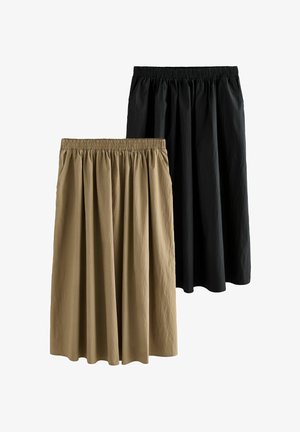 Twee knielange rokken: één zwart en één kaki. Beide hebben een elastische tailleband en een vloeiende vorm met zachte, textuurstof.