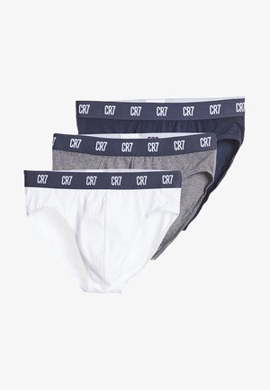 Trzy pary slipów CR7 w kolorze białym, szarym i granatowym. Każda para ma miękki pas z logo "CR7" oraz wykonana jest z bawełnianego materiału.