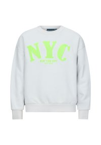 Biała bluza z okrągłym dekoltem, zdobiona dużym neonowo-zielonym napisem "NYC" oraz mniejszym tekstem poniżej. Miękki materiał z prążkowanymi mankietami i dołem.